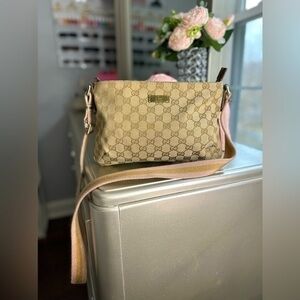Gucci Monogram Web Small Flat Messenger Crossbody Pink Gold